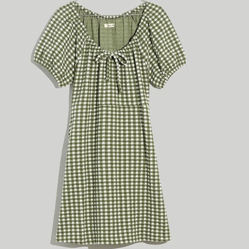 MADEWELL Jacquard Puff-Sleeve Mini Dress in Gingham Check